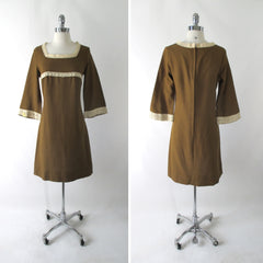Vintage 60's Golden Brown Bell Sleeve Mini Dress L - Bombshell Bettys Vintage