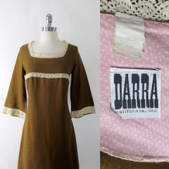 Vintage 60's Golden Brown Bell Sleeve Mini Dress L - Bombshell Bettys Vintage