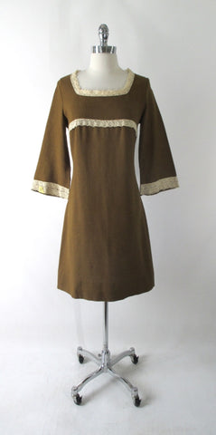 Vintage 60's Golden Brown Bell Sleeve Mini Dress L