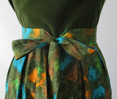 Vintage 60's Green Velvet & Watercolor Floral Dress S - Bombshell Bettys Vintage