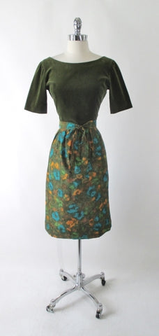 Vintage 60's Green Velvet & Watercolor Floral Dress S