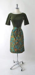 Vintage 60's Green Velvet & Watercolor Floral Dress S - Bombshell Bettys Vintage
