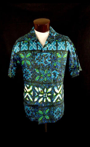 Vintage Mid Century Blue Likeke Tribal Style Floral Print Hawaiian Shirt 48