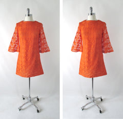 Vintage 60's Orange Mod Lace Bell Sleeve Mini Dress S - Bombshell Bettys Vintage