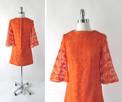 Vintage 60's Orange Mod Lace Bell Sleeve Mini Dress S - Bombshell Bettys Vintage