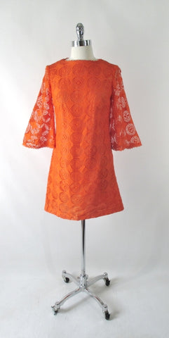 Vintage 60's Orange Mod Lace Bell Sleeve Mini Dress S
