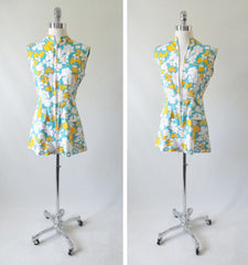 Vintage 60's MOD White & Yellow Flower One Piece Playsuit Shorts Romper S - Bombshell Bettys Vintage