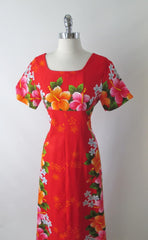 Vintage 60's Red Hawaiian Pink Orange Flower Barkcloth Maxi Dress M - Bombshell Bettys Vintage
