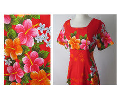 Vintage 60's Red Hawaiian Pink Orange Flower Barkcloth Maxi Dress M - Bombshell Bettys Vintage