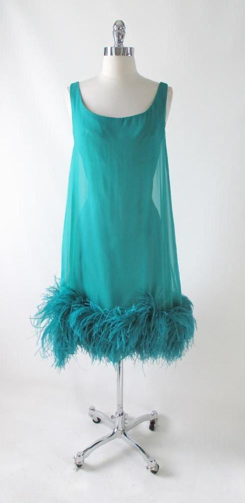 • Vintage 60's Teal Chiffon Ostrich Feather Party Dress - Bombshell Bettys Vintage