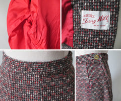 Vintage 60's Red Black White Fleck / Tweed Skirt Jacket Suit Set M - Bombshell Bettys Vintage