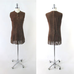 Vintage 60s Brown Suede Leather Fringed Hippie Mini Dress / Top S