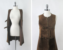 Vintage 60s MOD Suede Leather Zip Up Dress S