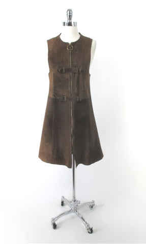 Vintage 60s MOD Suede Leather Zip Up Dress S