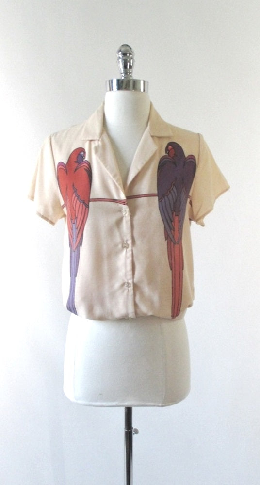Vintage 70's Macaw Parrot Graphic Button up shirt Blouse / Top - Bombshell Bettys Vintage