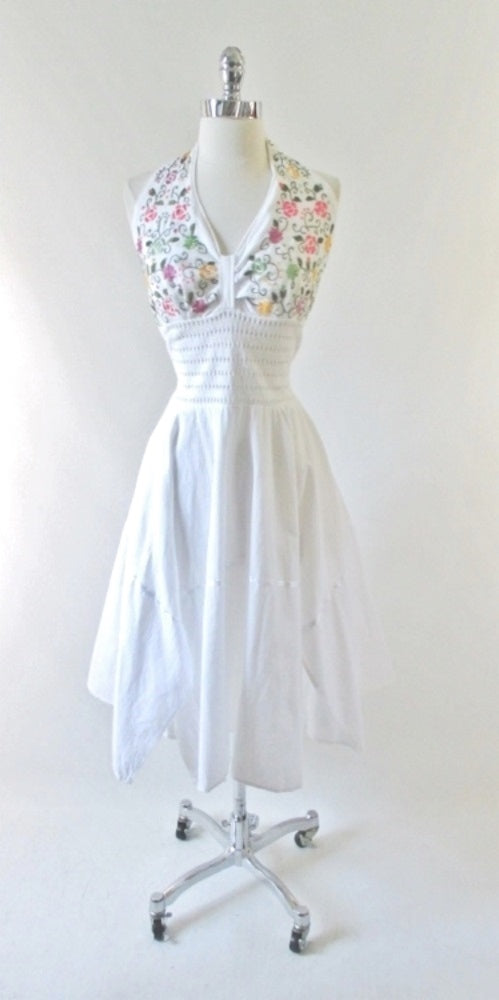 Vintage 70's White Embroidered Gypsy Halter Dress L - Bombshell Bettys Vintage