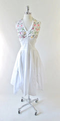 Vintage 70's White Embroidered Gypsy Halter Dress L - Bombshell Bettys Vintage