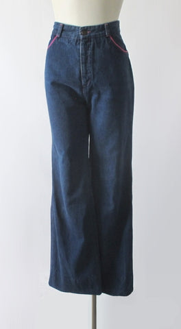 Vintage 70s Chemin De Fer Pink Stitch Bell Bottom Jeans M