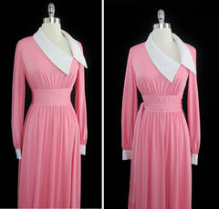 Vintage 70's Estevez Eva Gabor Pink Maxi Cocktail Dress Evening Gown L - Bombshell Bettys Vintage