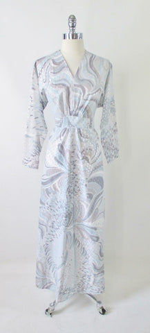 Vintage 70's Icy Blue & Silver Swirl Maxi Dress Gown XL - 1X