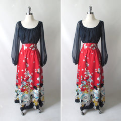 Vintage 70s Blue Chiffon & Floral Red Maxi Dress M - Bombshell Bettys Vintage