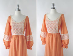 Vintage 70s Victorian Revival Peach Lace Prairie Dress XL - Bombshell Bettys Vintage