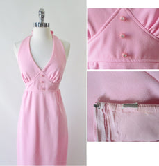 Vintage 70's Soft Pink Halter Dress Rhinestone Button Maxi Gown S - Bombshell Bettys Vintage