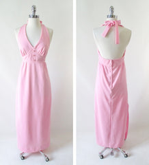 Vintage 70's Soft Pink Halter Dress Rhinestone Button Maxi Gown S - Bombshell Bettys Vintage