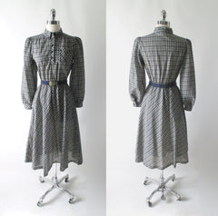 Vintage 70s Preppy Tartan Plaid Full Skirt Day Dress S - Bombshell Bettys Vintage