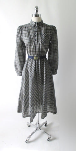 Vintage 70s Preppy Tartan Plaid Full Skirt Day Dress S