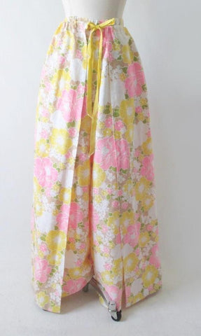 • Vintage 70's Pink Yellow White Wrap Around Palazzo Pants L  / XL