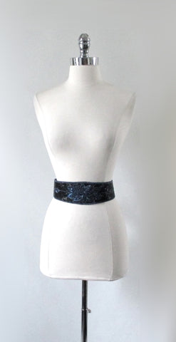 Vintage Black Blue Beaded Fabric Belt