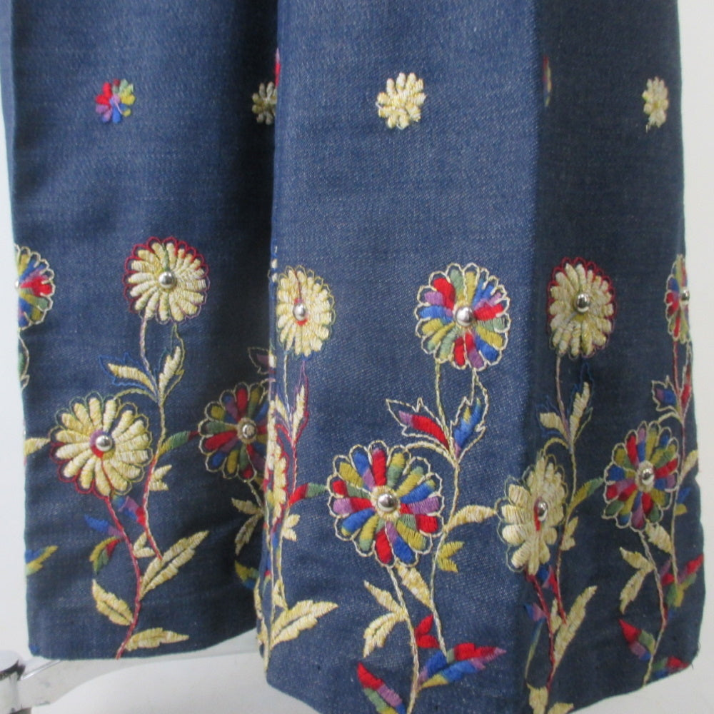 Vintage 70s Embroidered Rainbow Flower Bell Bottom Jeans S – Bombshell  Bettys Vintage