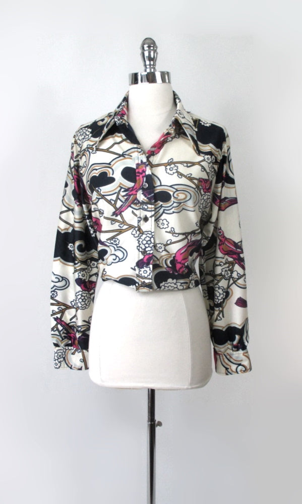 Vintage 70s Womens Silky Nylon Pink Bird Shirt / Top L