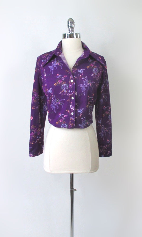 Vintage 70s Womens Purple Birds Novelty Print Poly Top Shirt L