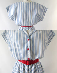 Vintage 80's White & Blue Chambray Stripe Full Skirt Day Dress L - Bombshell Bettys Vintage