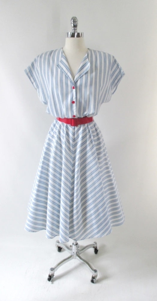 Vintage 80's White & Blue Chambray Stripe Full Skirt Day Dress L - Bombshell Bettys Vintage