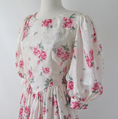 Vintage 80s Red Pink Roses Full Skirt Tea Party Dress L - Bombshell Bettys Vintage