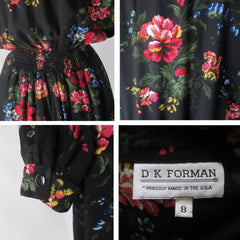 Vintage 80's 90's Black Floral Day Dress M - Bombshell Bettys Vintage