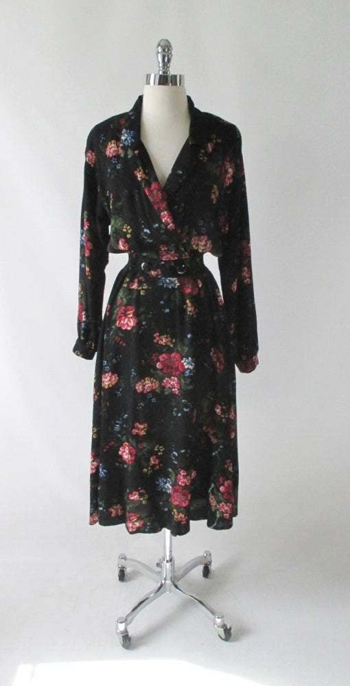 Vintage 80's 90's Black Floral Day Dress M - Bombshell Bettys Vintage