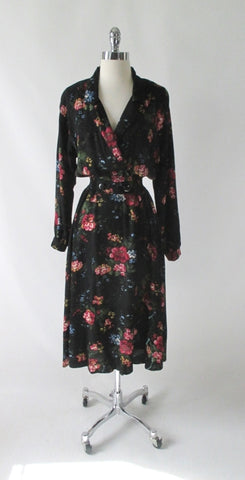 Vintage 80's 90's Black Floral Day Dress M