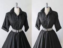 Vintage 80's Black White Stripe Belt American Shirt Dress M - Bombshell Bettys Vintage