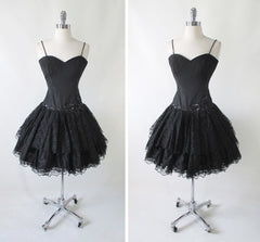 Vintage 80's Sweetheart Black Lace & Sequins Full Skirt Party Dress - Bombshell Bettys Vintage