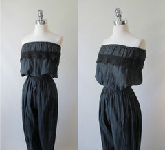 Vintage 80's Black Gauze Strapless Jumpsuit M L - Bombshell Bettys Vintage