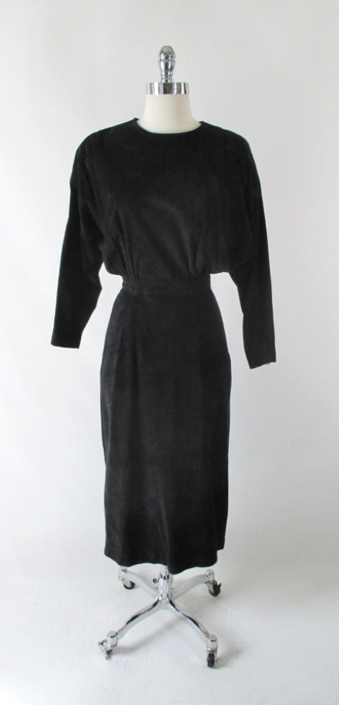 Vintage 80's Black Suede Leather Dolman Sleeve Dress - Bombshell Bettys Vintage