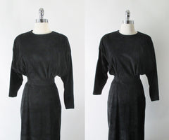 Vintage 80's Black Suede Leather Dolman Sleeve Dress - Bombshell Bettys Vintage