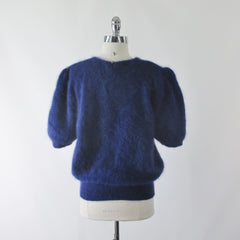 Vintage 80's Fluffy Blue Beaded Rosette Angora Sweater Top L - Bombshell Bettys Vintage