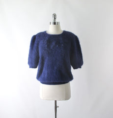 Vintage 80's Fluffy Blue Beaded Rosette Angora Sweater Top L - Bombshell Bettys Vintage