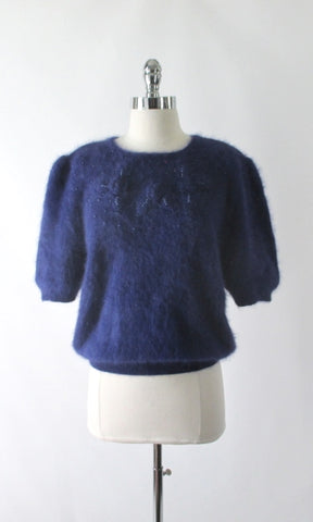 Vintage 80's Fluffy Blue Beaded Rosette Angora Sweater Top L