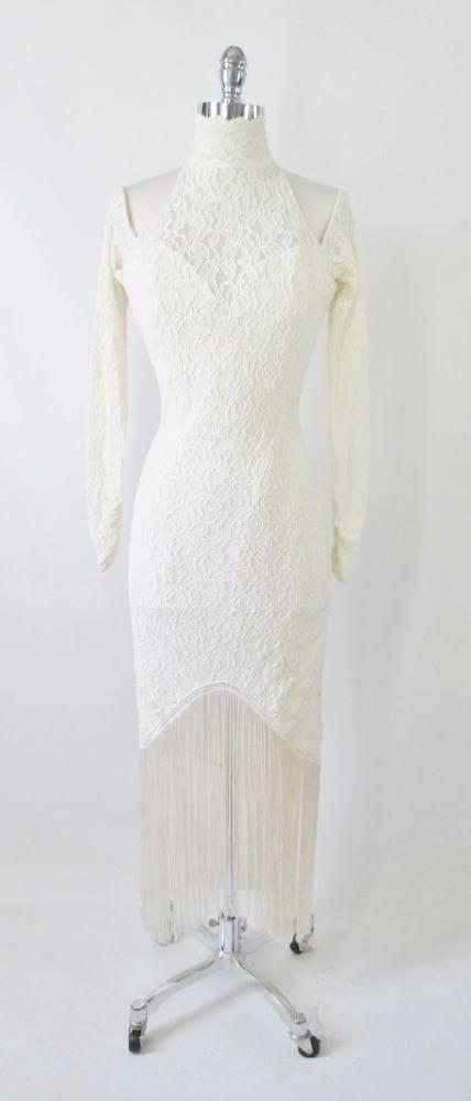 Vintage 80's / 90's Antique White Lace Fringe Bodycon Dress M - Bombshell Bettys Vintage